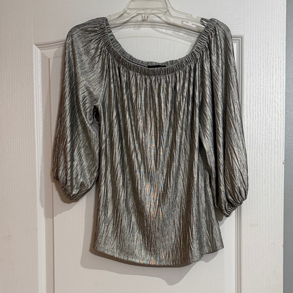 White House Black Market Metallic Silver Off-The-Shoulder Top